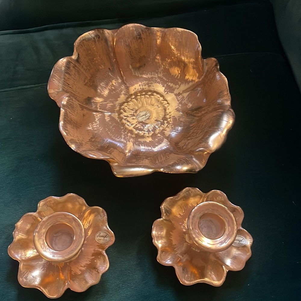 Vintage Stangl Pottery Candlestick Holders and bowl 22k